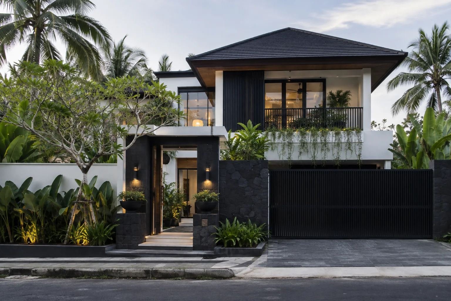 Visual konsep rumah tropis modern dengan fasad monokrom